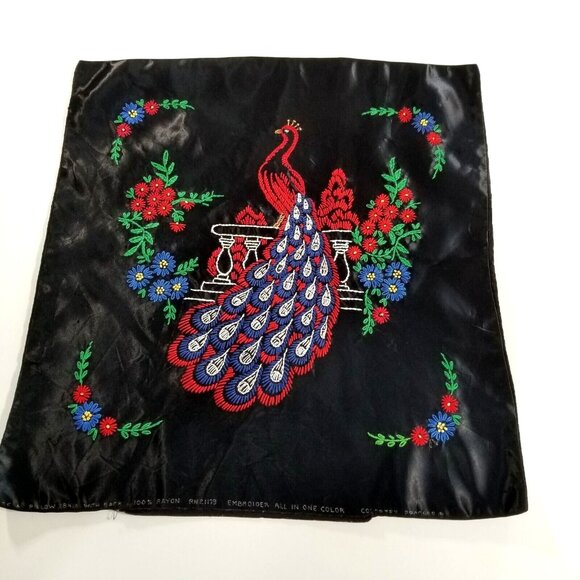 Peacock Satin Throw Pillow Cover Hand Embroidered 16X17 Black Red - Picture 2 of 11